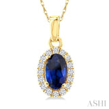 5x3 MM Oval Shape Sapphire and 1/20 Ctw Single Cut Diamond Halo Precious Pendant with Chain in 10K Yellow Gold