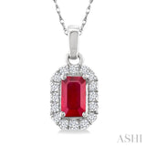 5x3 MM Octagonal Shape Ruby and 1/20 Ctw Single Cut Diamond Halo Precious Pendant with Chain in 10K White Gold