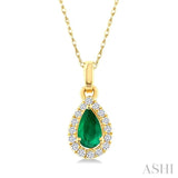 5x3 MM Pear Shape Emerald and 1/20 Ctw Single Cut Diamond Halo Precious Pendant with Chain in 10K Yellow Gold