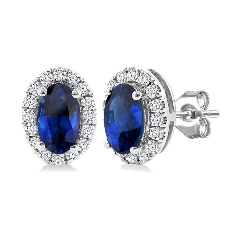 5X3 MM Oval Shape Sapphire Precious Stud Earrings in 14K White Gold