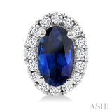 5x3 MM Oval Shape Sapphire and 1/8 Ctw Single Cut Diamond Halo Precious Stud Earrings in 14K White Gold