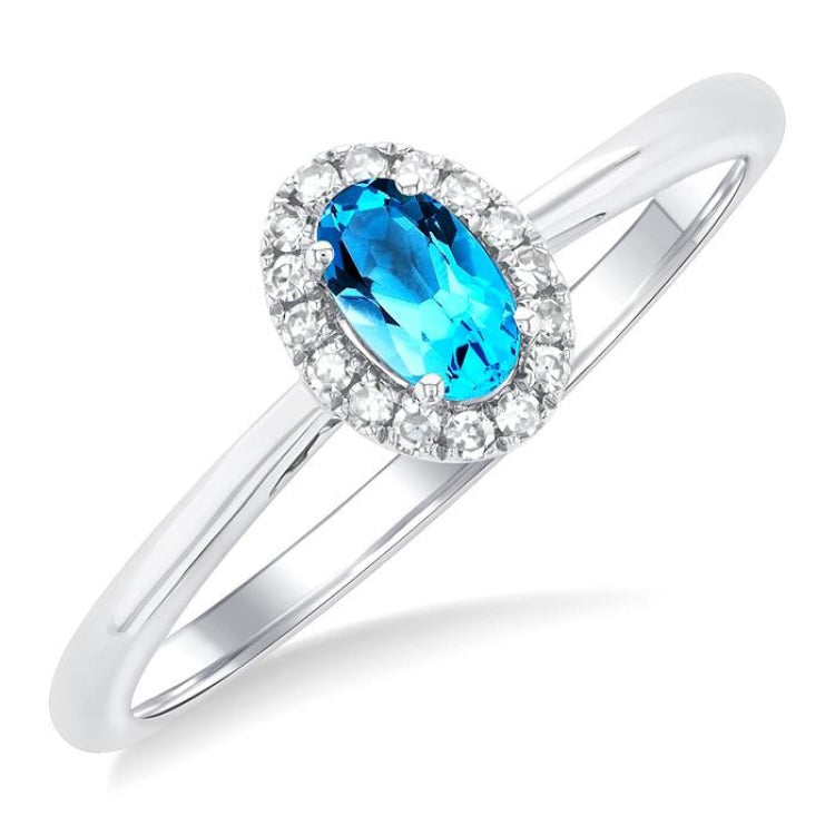 5x3 MM Oval Shape Blue Topaz and 1/20 Ctw Round Cut Diamond Halo Semi-Precious Ring in 14K White Gold