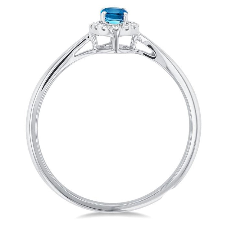 5x3 MM Oval Shape Blue Topaz and 1/20 Ctw Round Cut Diamond Halo Semi-Precious Ring in 14K White Gold