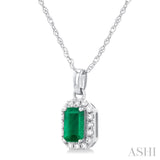 5x3 MM Octagonal Shape Emerald and 1/20 Ctw Single Cut Diamond Halo Precious Pendant with Chain in 10K White Gold