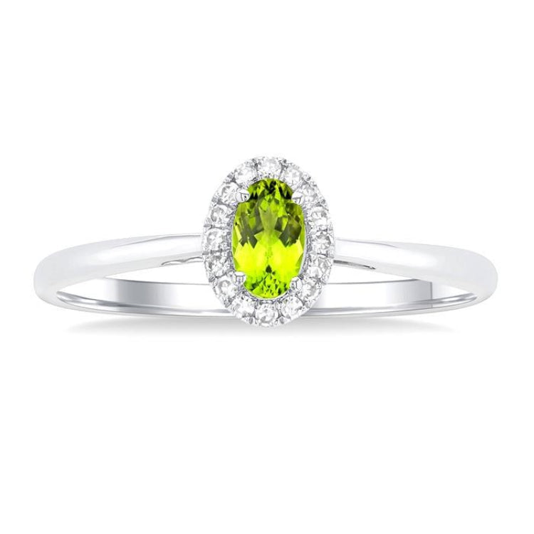 5x3 MM Oval Shape Peridot and 1/20 Ctw Round Cut Diamond Halo Semi-Precious Ring in 14K White Gold