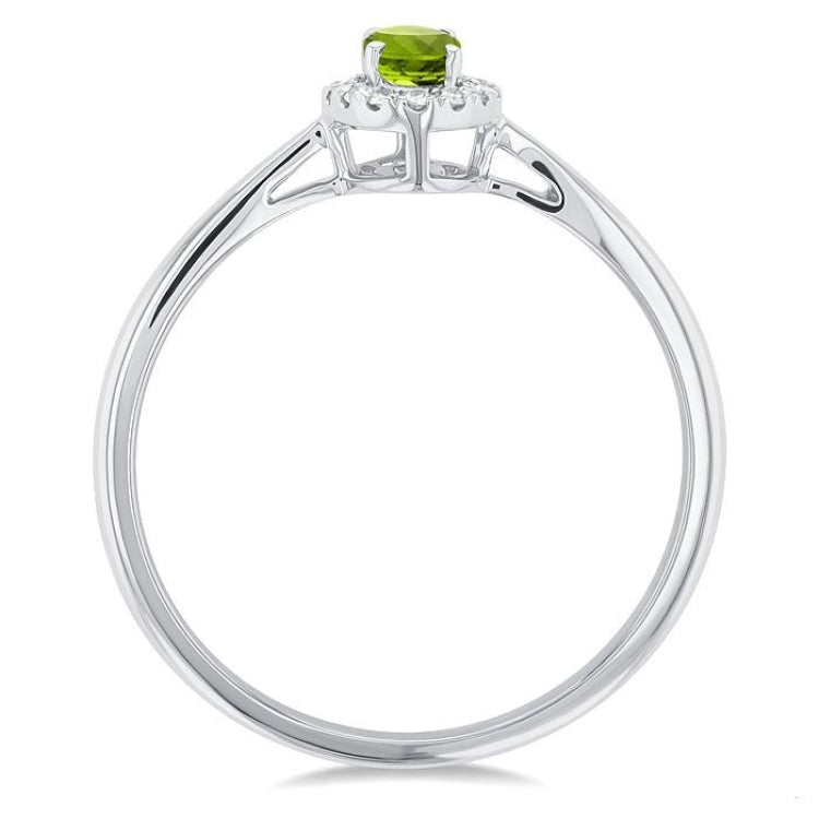 5x3 MM Oval Shape Peridot and 1/20 Ctw Round Cut Diamond Halo Semi-Precious Ring in 14K White Gold
