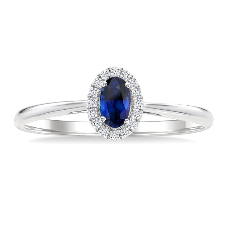 5x3 MM Oval Shape Sapphire and 1/20 Ctw Round Cut Diamond Halo Precious Ring in 14K White Gold