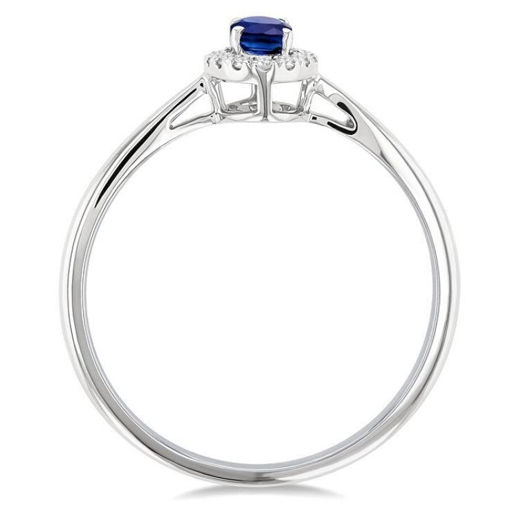5x3 MM Oval Shape Sapphire and 1/20 Ctw Round Cut Diamond Halo Precious Ring in 14K White Gold