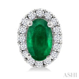 5x3 MM Oval Shape Emerald and 1/8 Ctw Single Cut Diamond Halo Precious Stud Earrings in 14K White Gold