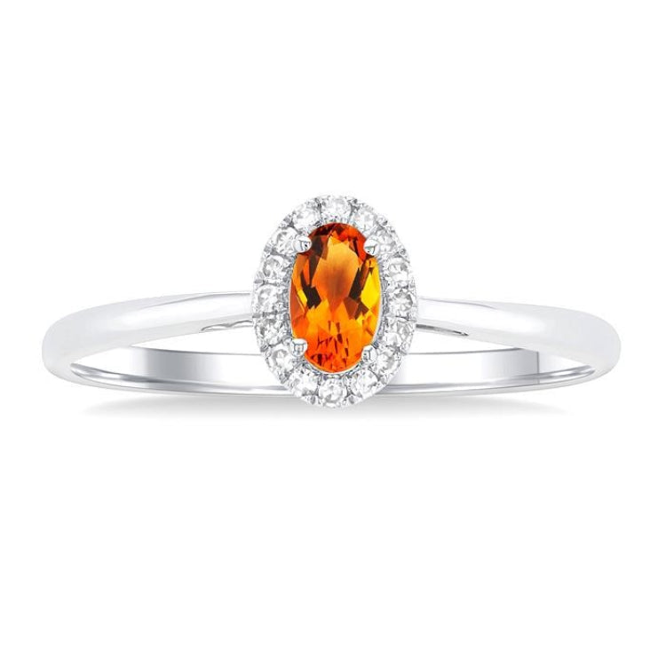 5x3 MM Oval Shape Citrine and 1/20 Ctw Round Cut Diamond Halo Semi-Precious Ring in 14K White Gold