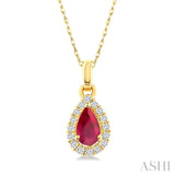 5x3 MM Pear Shape Ruby and 1/20 Ctw Single Cut Diamond Halo Precious Pendant with Chain in 10K Yellow Gold