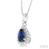 5x3 MM Pear Shape Sapphire and 1/20 Ctw Single Cut Diamond Halo Precious Pendant with Chain in 10K White Gold