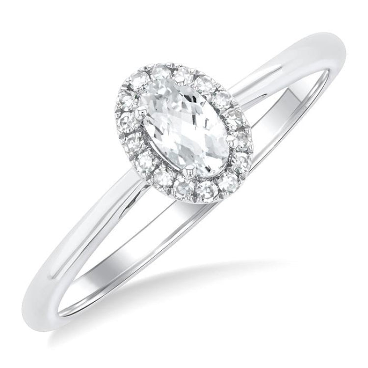 5x3 MM Oval Shape White Topaz and 1/20 Ctw Round Cut Diamond Halo Semi-Precious Ring in 14K White Gold