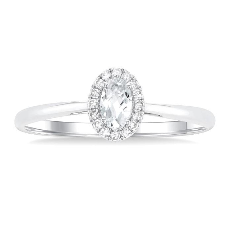 5x3 MM Oval Shape White Topaz and 1/20 Ctw Round Cut Diamond Halo Semi-Precious Ring in 14K White Gold