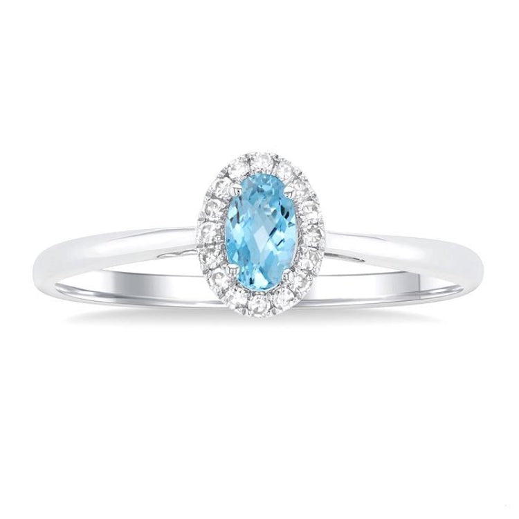 5x3 MM Oval Shape Aquamarine and 1/20 Ctw Round Cut Diamond Halo Semi-Precious Ring in 14K White Gold