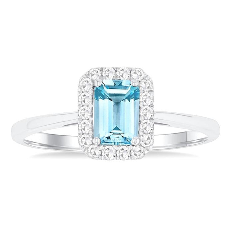 6x4 MM Octagonal Shape Aquamarine and 1/6 Ctw Round Cut Diamond Halo Semi-Precious Ring in 10K White Gold