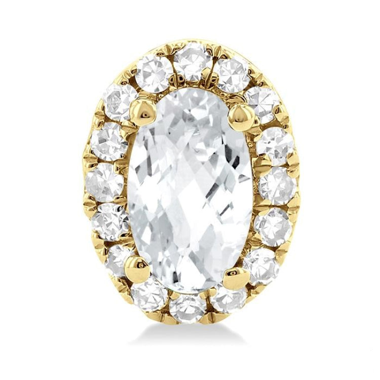 5x3 MM Oval Shape White Topaz and 1/8 Ctw Round Cut Diamond Halo Semi-Precious Stud Earrings in 10K Yellow Gold