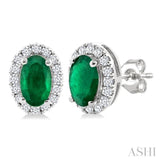 5x3 MM Oval Shape Emerald and 1/8 Ctw Single Cut Diamond Halo Precious Stud Earrings in 10K White Gold