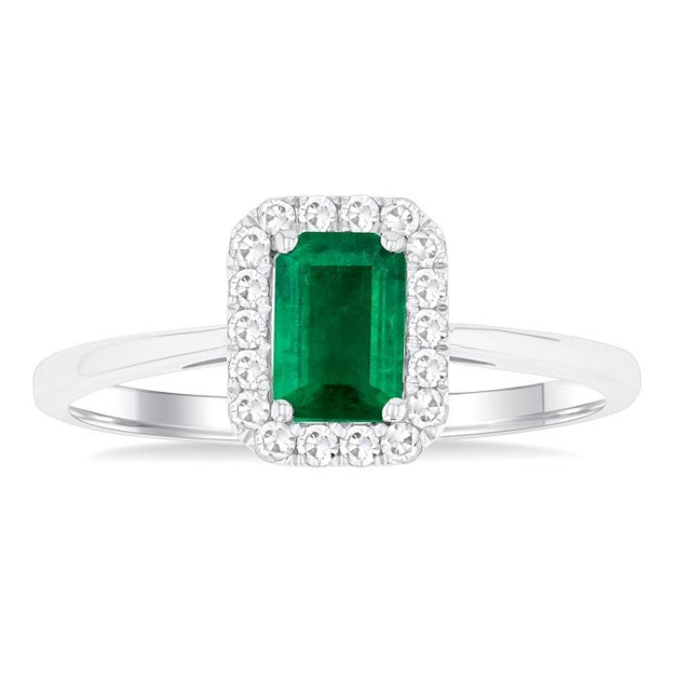6x4 MM Octagonal Shape Emerald and 1/6 Ctw Round Cut Diamond Halo Precious Ring in 14K White Gold