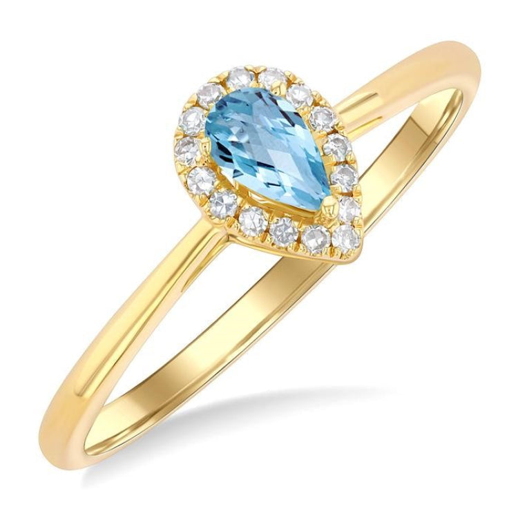 5x3 MM Pear Shape Aquamarine and 1/20 Ctw Round Cut Diamond Halo Semi-Precious Ring in 10K Yellow Gold