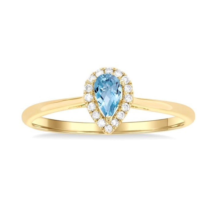5x3 MM Pear Shape Aquamarine and 1/20 Ctw Round Cut Diamond Halo Semi-Precious Ring in 10K Yellow Gold