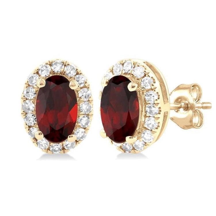 5x3 MM Oval Shape Garnet and 1/8 Ctw Round Cut Diamond Halo Semi-Precious Stud Earrings in 14K Yellow Gold