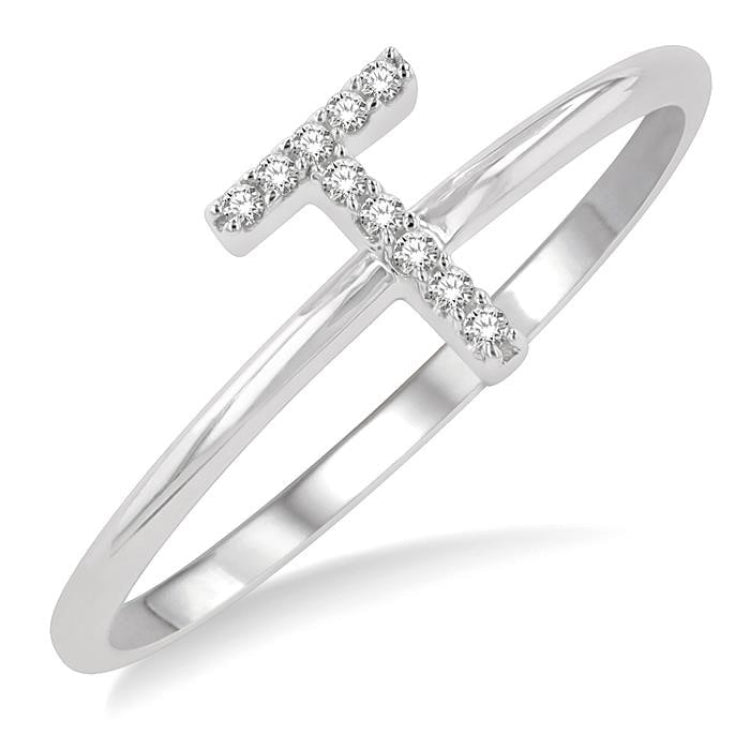 1/20 Ctw Initial 'T' Round Cut Diamond Fashion Ring in 10K White Gold