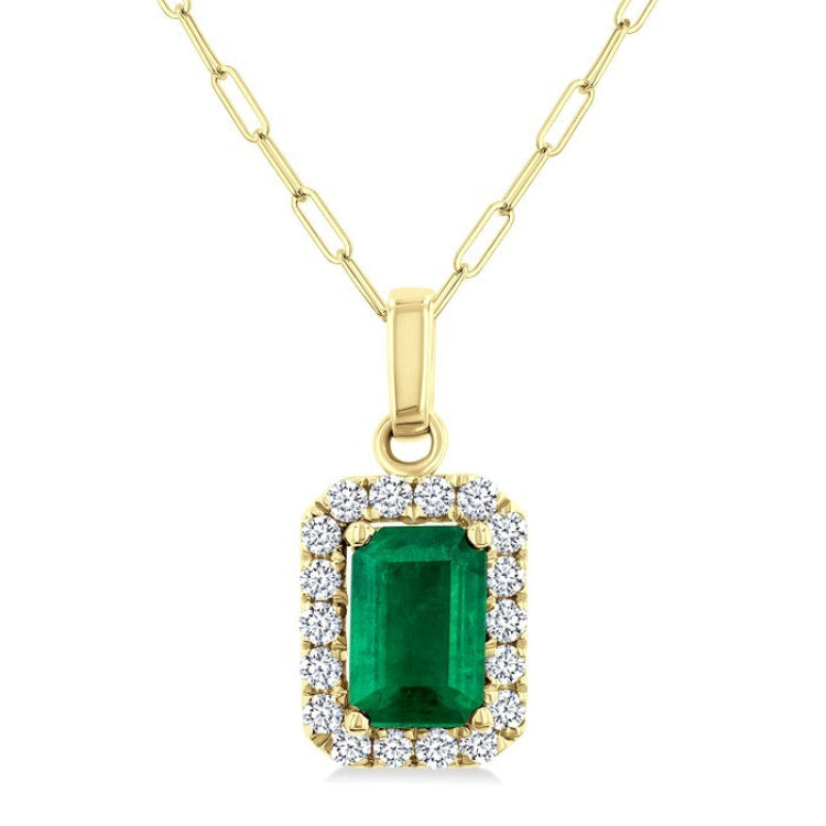 6x4 MM Octagonal Shape Emerald and 1/6 Ctw Round Cut Diamond Halo Precious Pendant with Chain in 14K Yellow Gold