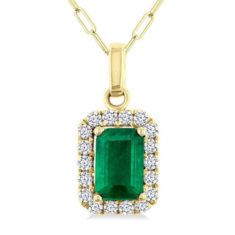 6x4 MM Octagonal Shape Emerald and 1/6 Ctw Round Cut Diamond Halo Precious Pendant with Chain in 14K Yellow Gold