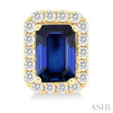 6x4 MM Octagonal Shape Sapphire and 1/4 Ctw Round Cut Diamond Halo Precious Stud Earrings in 14K Yellow Gold