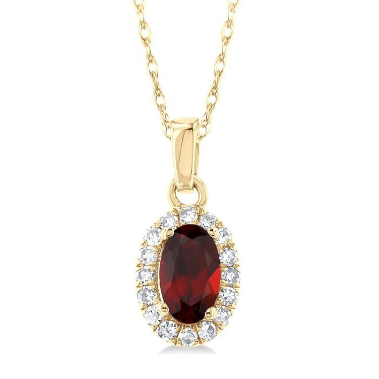 5x3 MM Oval Shape Garnet and 1/20 Ctw Round Cut Diamond Halo Semi-Precious Pendant with Chain in 14K Yellow Gold