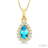 5x3 MM Pear Shape Blue Topaz and 1/20 Ctw Single Cut Diamond Halo Semi-Precious Pendant with Chain in 10K Yellow Gold