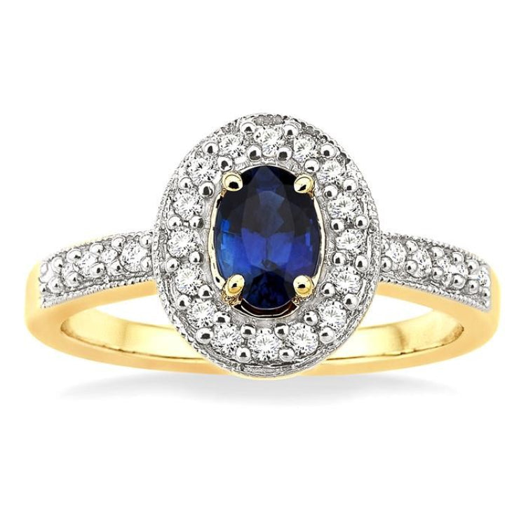 6x4 MM Oval Cut Sapphire and 1/4 Ctw Round Cut Diamond Ring in 14K Yellow Gold