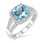 Load image into Gallery viewer, 8x8 MM Cushion Shape Aquamarine and 1/4 Ctw Round cut Diamond Ring in 10K White Gold