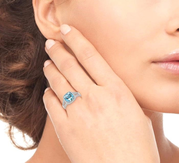 8x8 MM Cushion Shape Aquamarine and 1/4 Ctw Round cut Diamond Ring in 10K White Gold