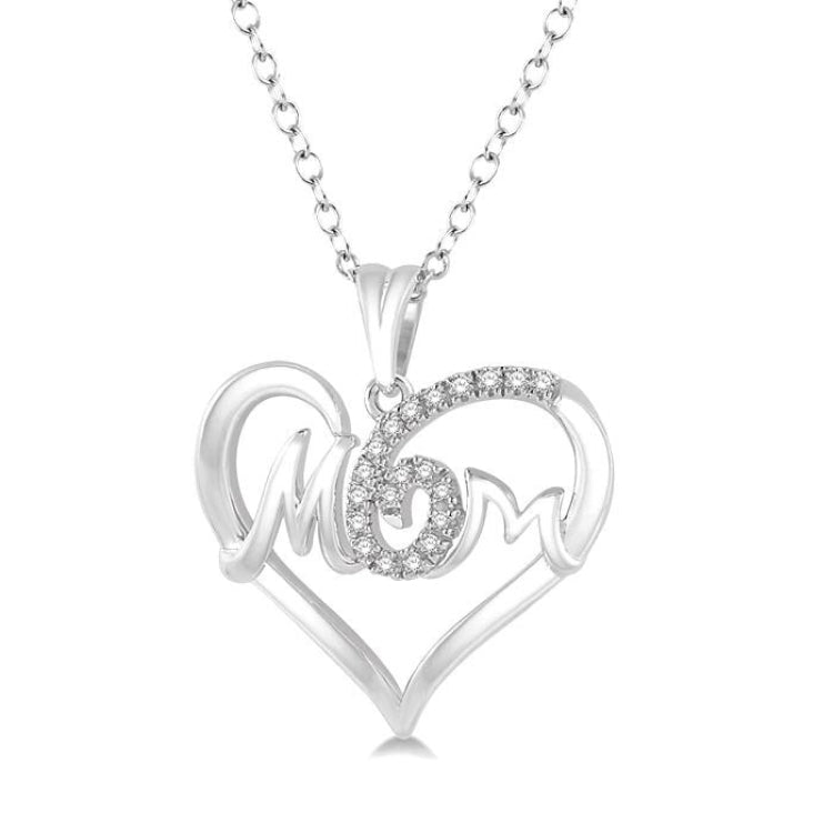 1/20 Ctw MOM Cutout Heart Round Cut Diamond Pendant With Link Chain in 10K White Gold