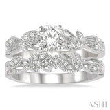 3/8 Ctw Leaf Lattice Diamond Wedding Set With 1/3 Ctw Round Cut Engagement Ring and 1/20 Ctw Wedding Band in 14K White Gold