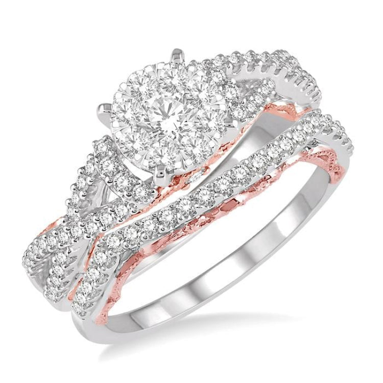 7/8 Ctw Lovebright Diamond Wedding Set With 5/8 Ctw Round Entwined Shank Engagement Ring and 1/5 Ctw Wedding Band in 14K White and Rose Gold