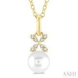 6 MM Round Shape Cultured Pearl and 1/50 Ctw Petite Floral Round Cut Diamond Fashion Pendant With Chain in 10K Yellow Gold