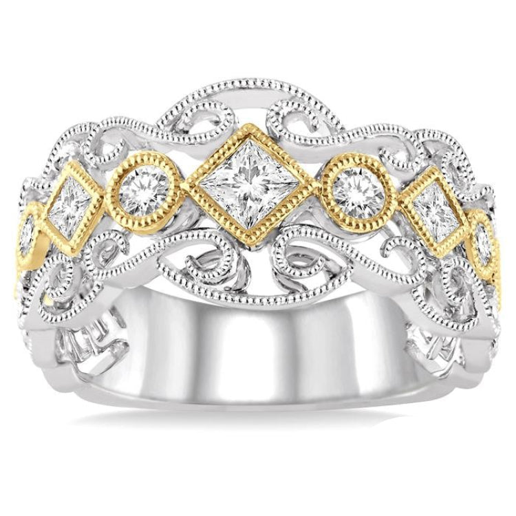 1/2 Ctw Round and Princess Cut Diamond Fashion Band in 14K White and Yellow Gold
