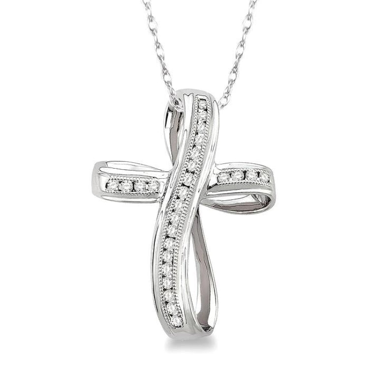 1/4 Ctw Channel Set Round Cut Diamond Cross Pendant in 10K White Gold with Chain