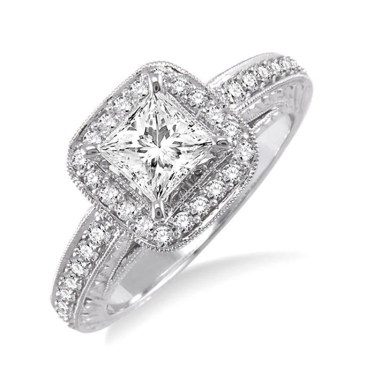 1 1/10 Ctw Diamond Engagement Ring with 3/4 Ct Princess Cut Center Stone in 14K White Gold