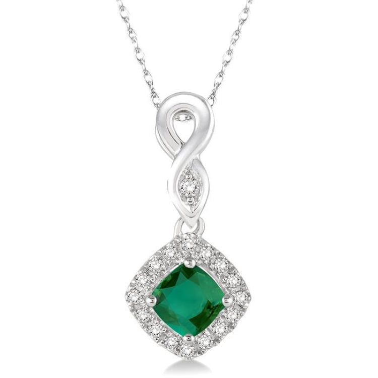 4x4 MM Cushion Shape Emerald and 1/10 Ctw Round Cut Diamond Pendant in 14K White Gold with Chain