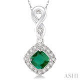 4x4 MM Cushion Shape Emerald and 1/10 Ctw Round Cut Diamond Pendant in 14K White Gold with Chain