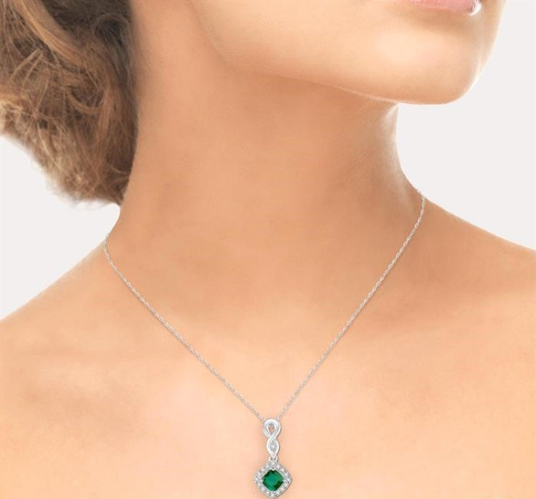 4x4 MM Cushion Shape Emerald and 1/10 Ctw Round Cut Diamond Pendant in 14K White Gold with Chain