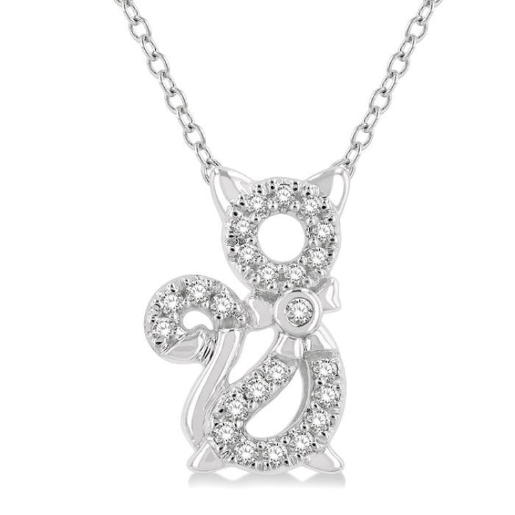 1/10 Ctw Cat Motif Petite Round Cut Diamond Fashion Pendant With Chain in 10K White Gold