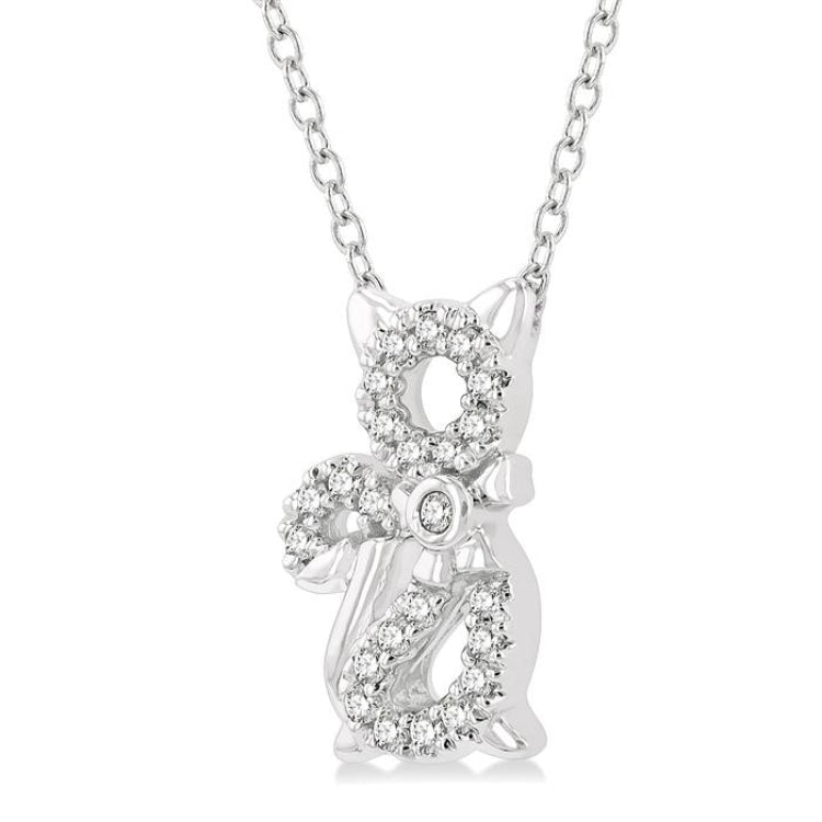 1/10 Ctw Cat Motif Petite Round Cut Diamond Fashion Pendant With Chain in 10K White Gold