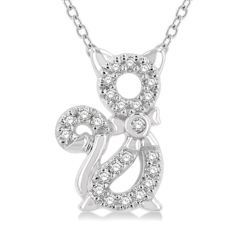 1/10 Ctw Cat Motif Petite Round Cut Diamond Fashion Pendant With Chain in 10K White Gold