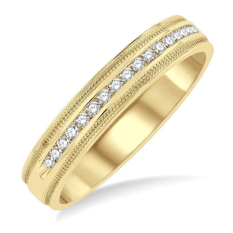 1/4 Ctw Parallel Milgrain & Niched Center Round Cut Diamond Men's Wedding Band in 14K Yellow Gold