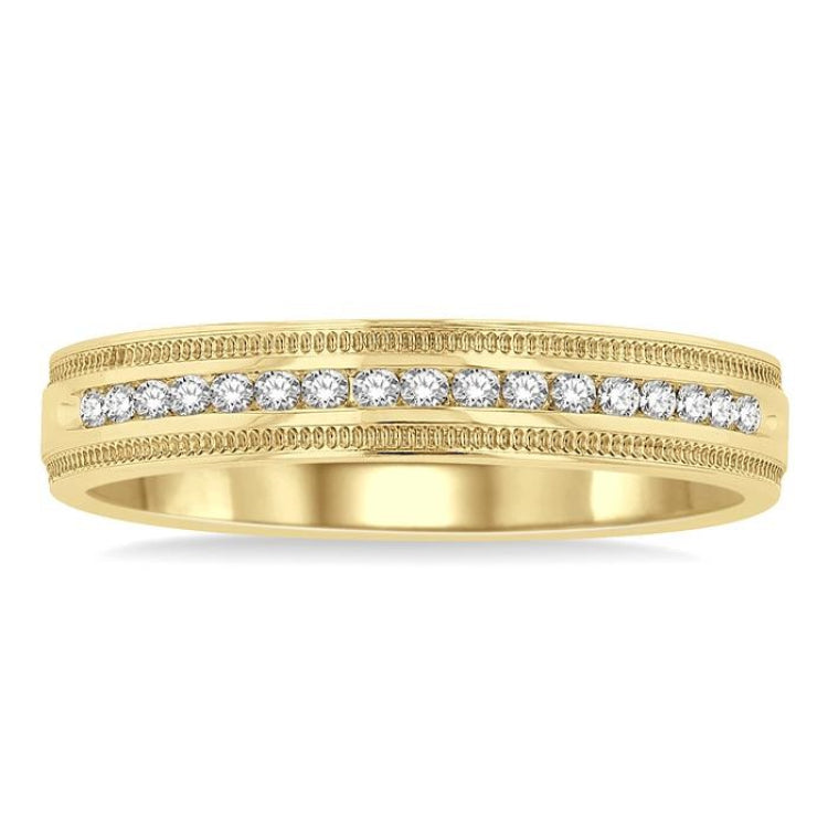 1/4 Ctw Parallel Milgrain & Niched Center Round Cut Diamond Men's Wedding Band in 14K Yellow Gold